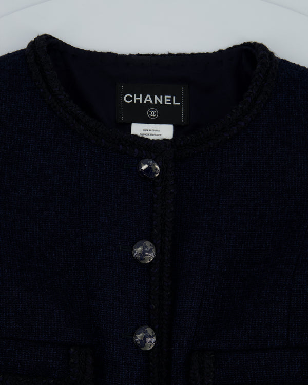 Chanel 13/K Navy Collarless Button Down Tweed Jacket with Multiple Pocket Detail Size FR 34 (UK 6)