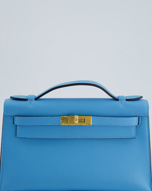 Hermès Kelly Pochette Bag in Bleu Celeste Swift Leather with Gold Hardware