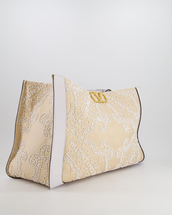 Valentino Beige and White Beaded Raffia Tote Bag with Gold Logo Detail