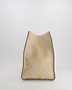 Valentino Beige and White Beaded Raffia Tote Bag with Gold Logo Detail