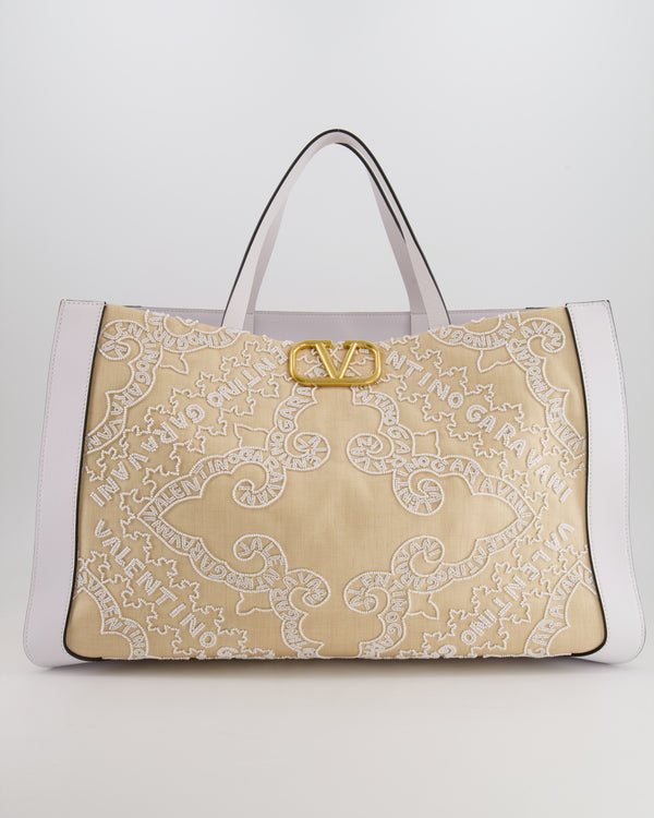 Valentino Beige and White Beaded Raffia Tote Bag with Gold Logo Detail