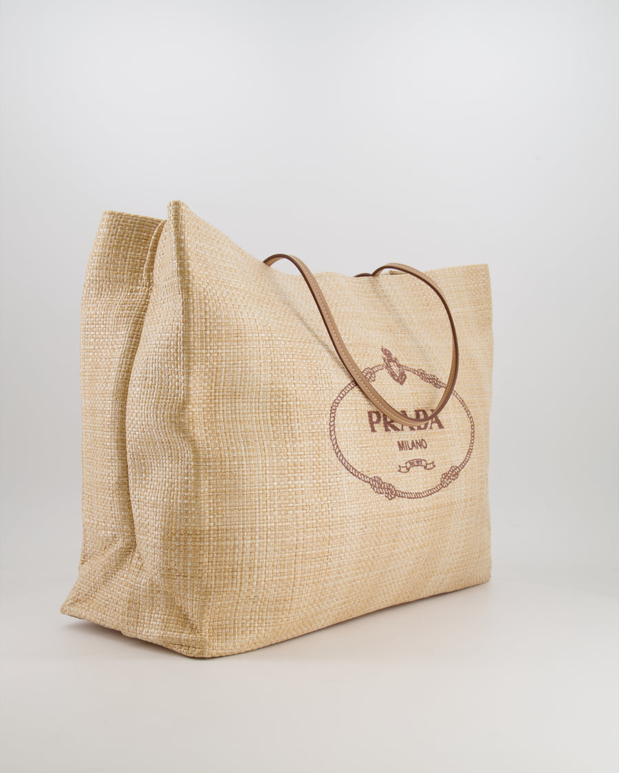 Prada Beige Raffia Shopping Tote Bag with Logo Detail