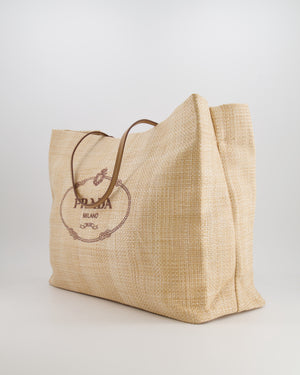 Prada Beige Raffia Shopping Tote Bag with Logo Detail