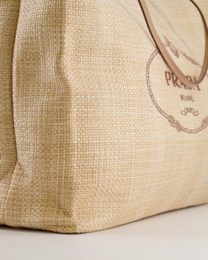 Prada Beige Raffia Shopping Tote Bag with Logo Detail