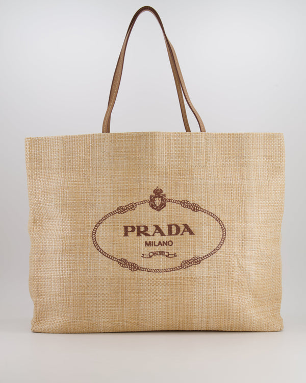 Prada Beige Raffia Shopping Tote Bag with Logo Detail