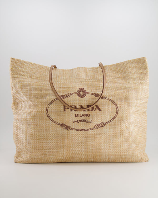 Prada Beige Raffia Shopping Tote Bag with Logo Detail