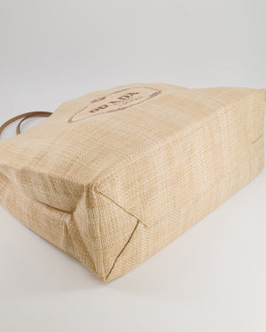 Prada Beige Raffia Shopping Tote Bag with Logo Detail