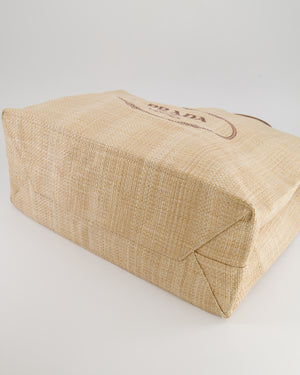 Prada Beige Raffia Shopping Tote Bag with Logo Detail