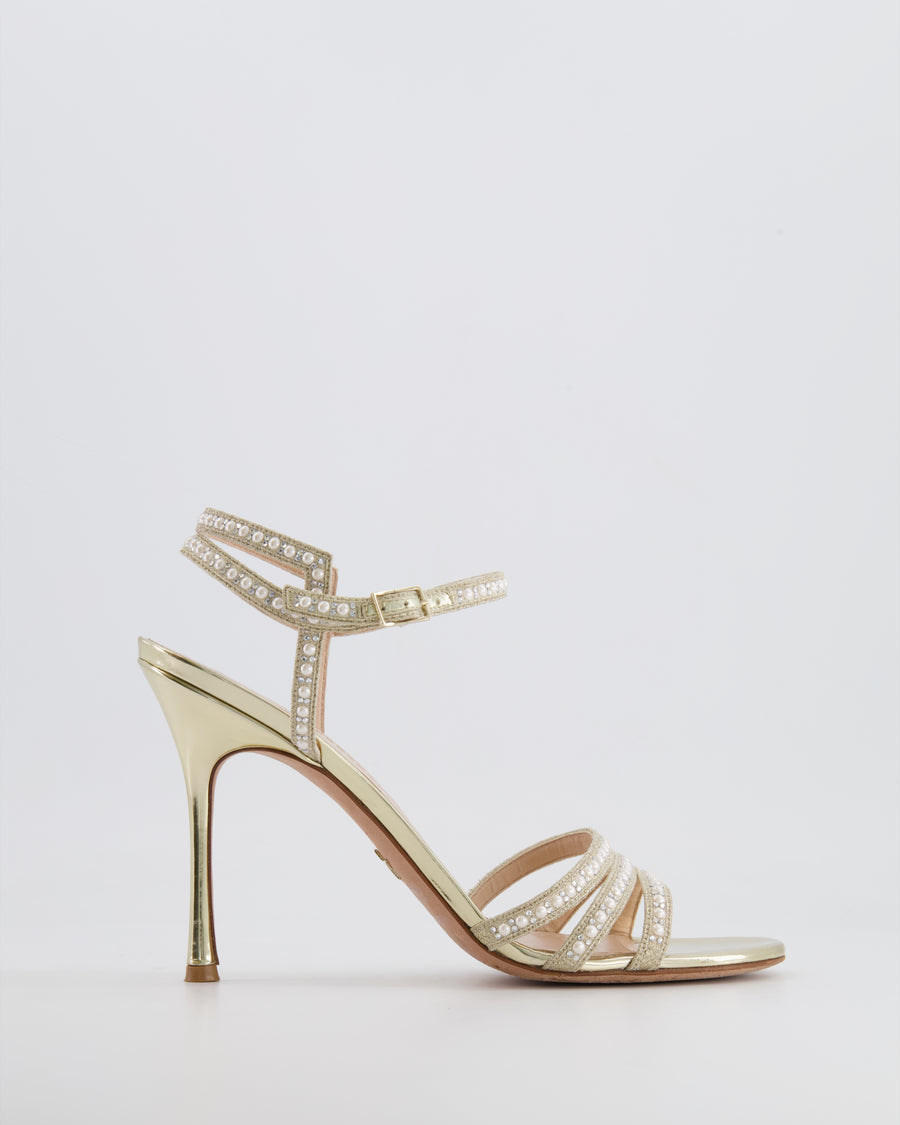 Christian Dior Gold Sandal Strap Heels with Pearls and Crystal Embellishments Size EU 41