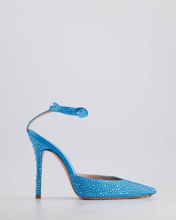 Gedebe Sky Blue Crystal Embellished Pointed Toe Heels with Tie Ankle Strap Size EU 38