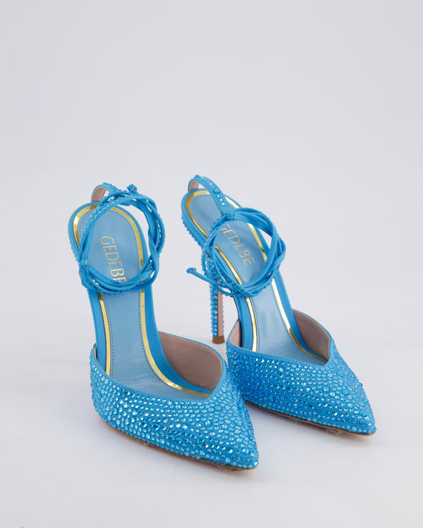 Gedebe Sky Blue Crystal Embellished Pointed Toe Heels with Tie Ankle Strap Size EU 38