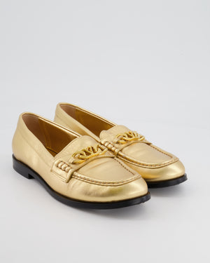 Valentino Metallic Gold Leather Loafers with V Logo Detailing Size EU 40