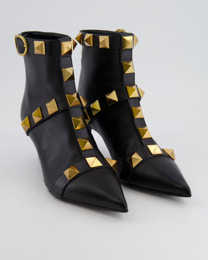 Valentino Black Leather Gold Roman Stud Pointed Ankle Boots Size EU 40.5