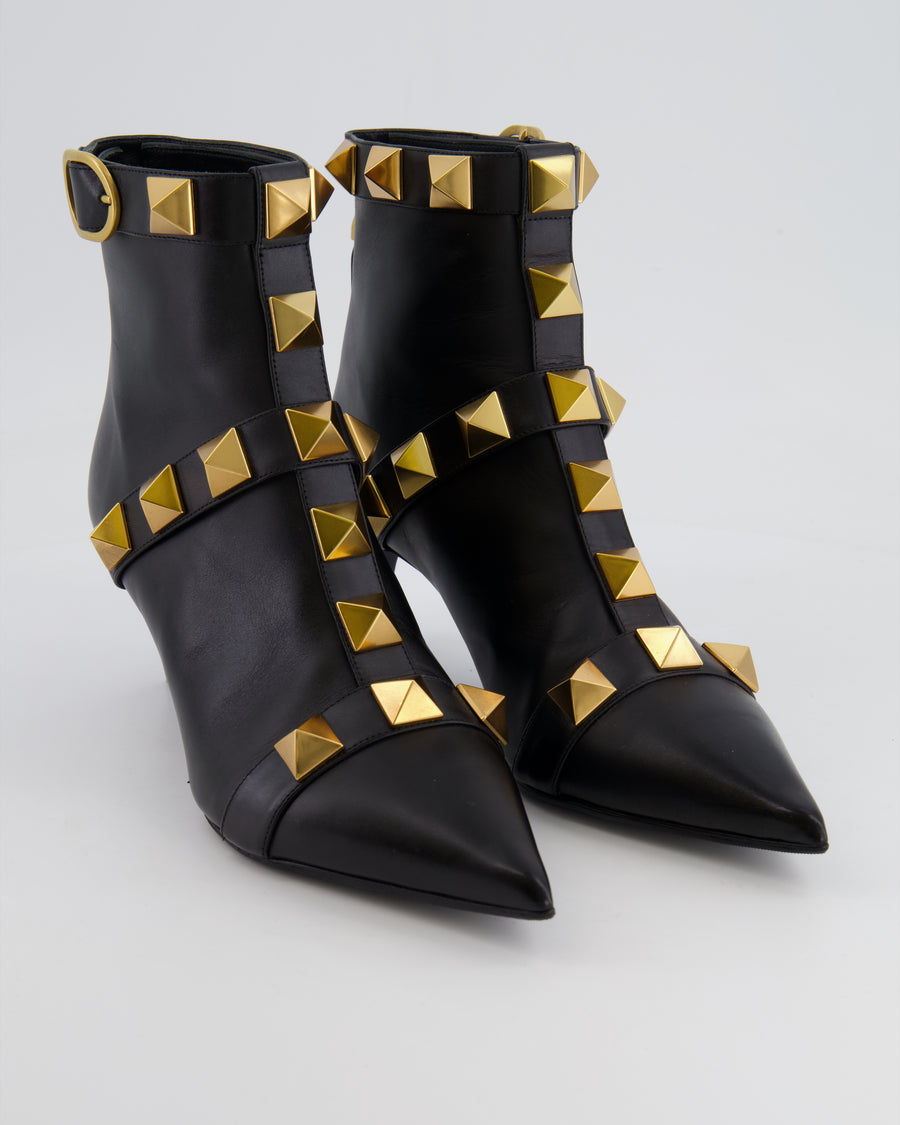 Valentino Black Leather Gold Roman Stud Pointed Ankle Boots Size EU 40.5