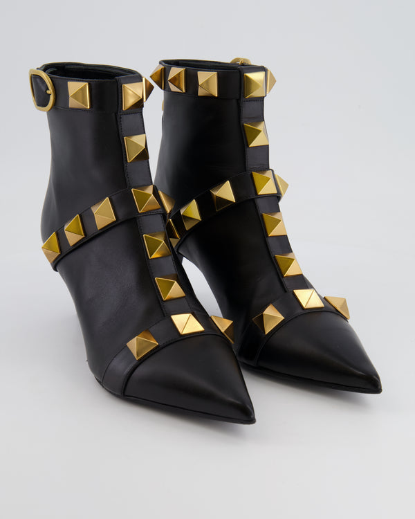 Valentino Black Leather Gold Roman Stud Pointed Ankle Boots Size EU 40.5
