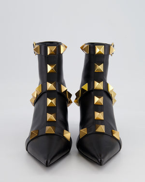 Valentino Black Leather Gold Roman Stud Pointed Ankle Boots Size EU 40.5