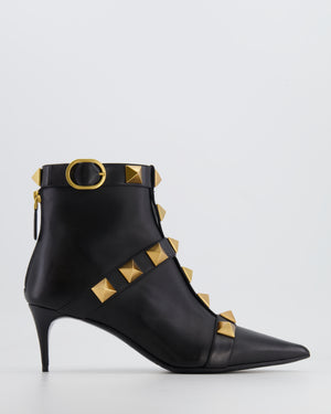 Valentino Black Leather Gold Roman Stud Pointed Ankle Boots Size EU 40.5