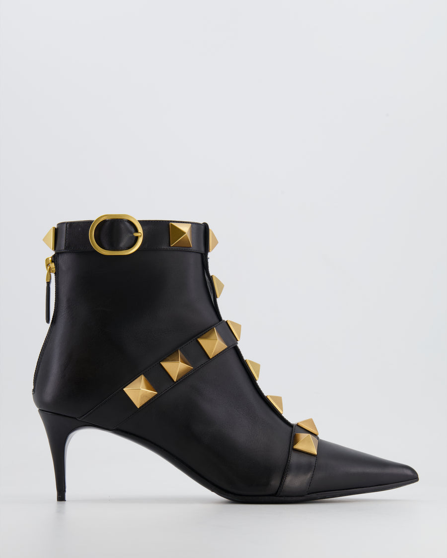 Valentino Black Leather Gold Roman Stud Pointed Ankle Boots Size EU 40.5