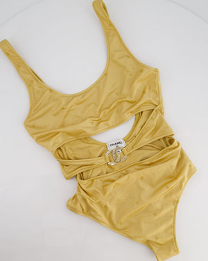 Chanel Gold Cut Out One Piece Swimsuit with CC logo Detail and Gold Metal Logo Detail Size FR 36 (UK 8)