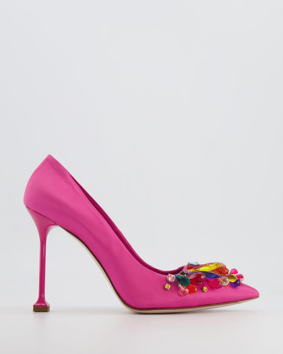 Miu Miu Pink Satin Pumps with Multicolour Crystal Embellishments Size EU 40.5