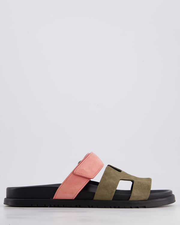 Hermès Khaki & Pink Chypre Sandals in Suede Size EU 41.5