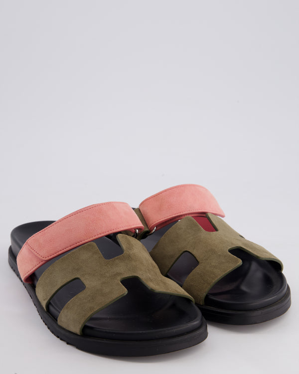 Hermès Khaki & Pink Chypre Sandals in Suede Size EU 41.5