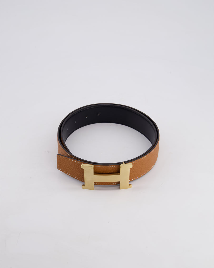 Hermès Reversible H Buckle Belt in Black Box and Gold Togo Leather with Brushed Gold Hardware Size 85cm RRP £780