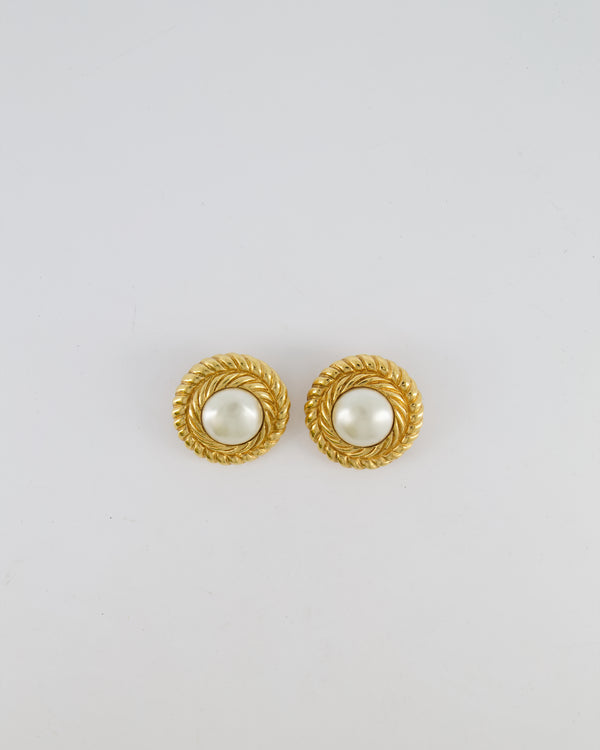 Chanel Vintage Gold Twisted Medium Round Clip-On Earrings with Pearl Detail