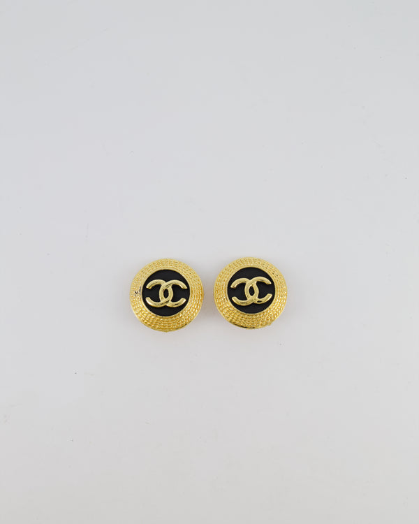 Chanel Vintage Gold and Black Textured Round Clip-On Earrings with Gold CC Logo