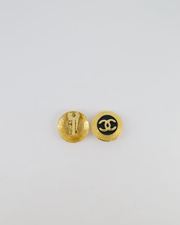 Chanel Vintage Gold and Black Textured Round Clip-On Earrings with Gold CC Logo
