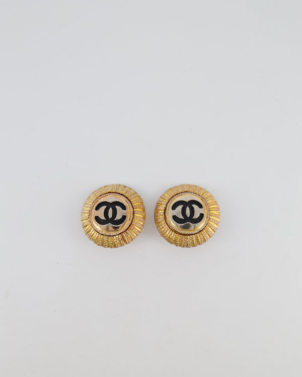 Chanel Vintage Gold Textured Large Round Clip-On Earrings with Black CC Logo