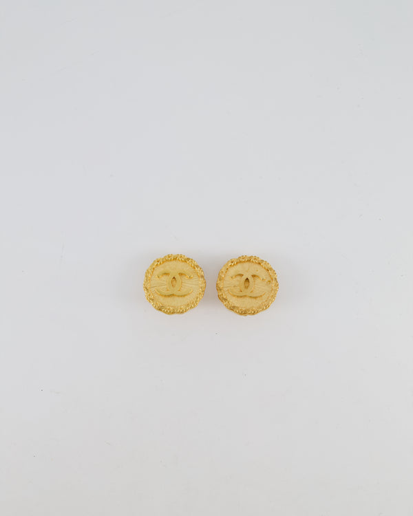 Chanel 93A Vintage Gold Textured Round Clip-On Earrings with CC Logo Detail