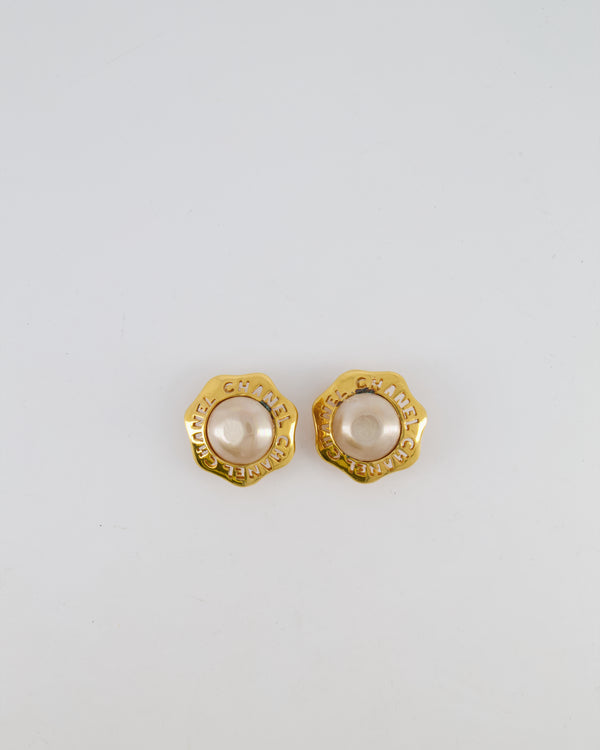 Chanel Vintage Gold Perforated Logo Clip-On Earrings with White Pearl Detail