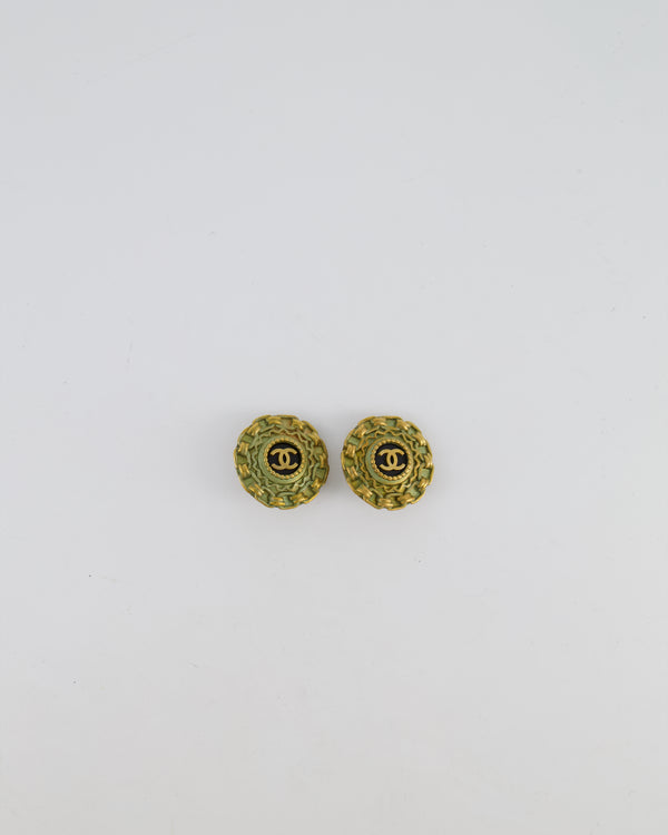 Chanel 94A Vintage CC Brushed Gold Matelasse Round Small Clip-On Earrings with Black Detailing