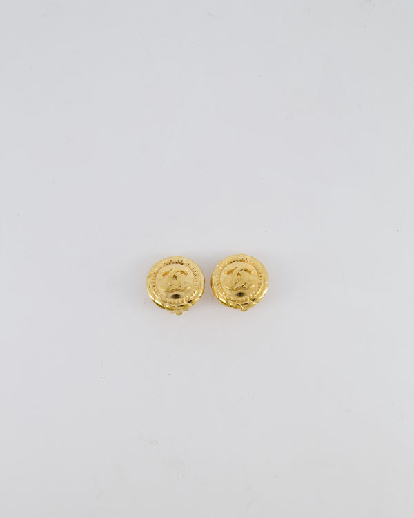 Chanel Vintage Shiny Gold Textured Small Round Clip-On Earrings with Gold CC Logo