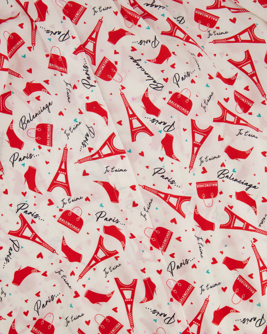 Balenciaga White and Red Printed Silk Short Sleeve Shirt with Tie-Neck Detail Size FR 40 (UK 12)