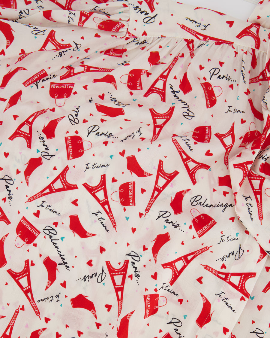 Balenciaga White and Red Printed Silk Short Sleeve Shirt with Tie-Neck Detail Size FR 40 (UK 12)