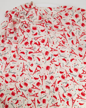 Balenciaga White and Red Printed Silk Short Sleeve Shirt with Tie-Neck Detail Size FR 40 (UK 12)