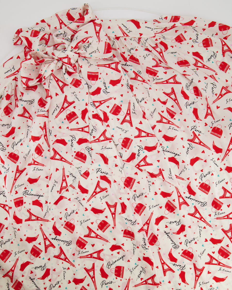 Balenciaga White and Red Printed Silk Short Sleeve Shirt with Tie-Neck Detail Size FR 40 (UK 12)