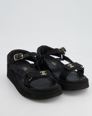 Chanel Black Canvas Dad Sandals with Champagne Gold CC Logo Details Size 37