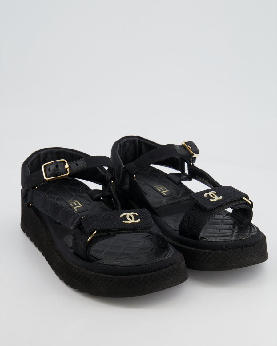 Chanel Black Canvas Dad Sandals with Champagne Gold CC Logo Details Size 37