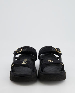 Chanel Black Canvas Dad Sandals with Champagne Gold CC Logo Details Size 37