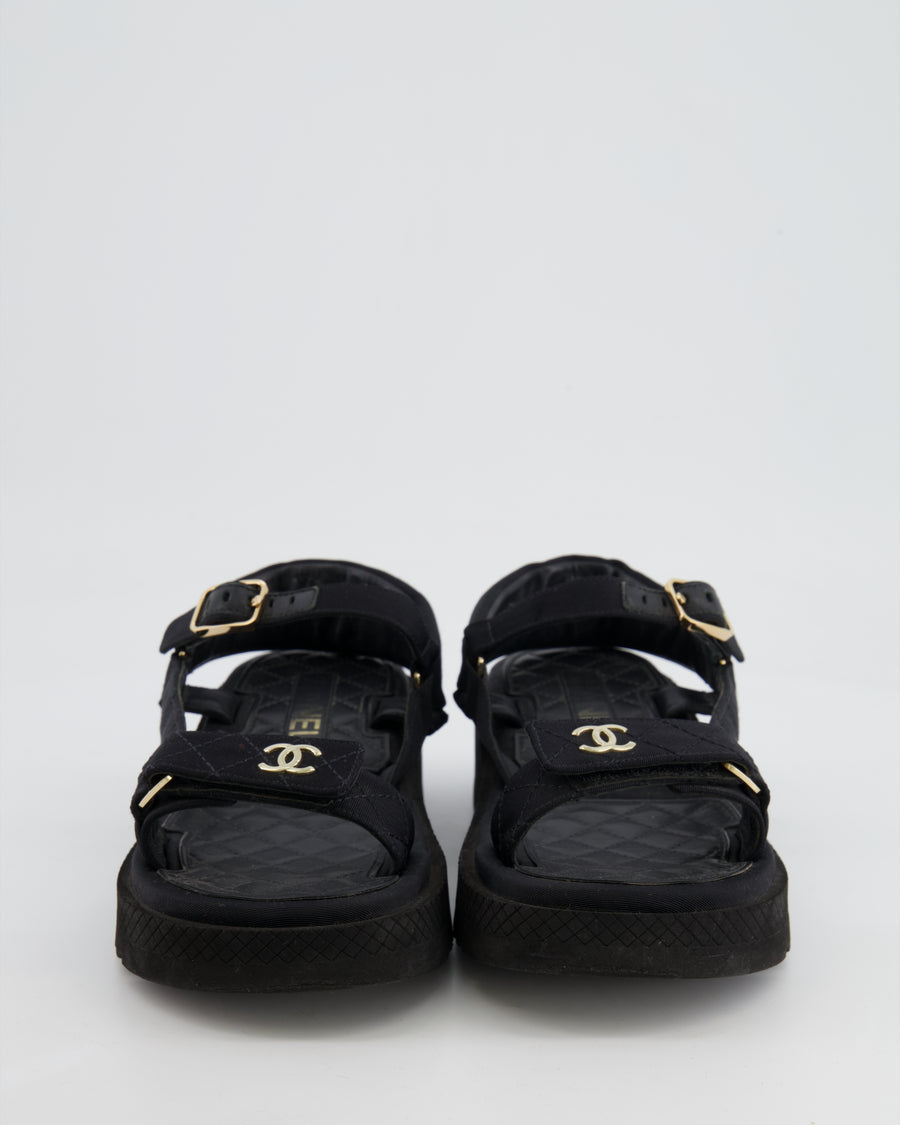 Chanel Black Canvas Dad Sandals with Champagne Gold CC Logo Details Size 37