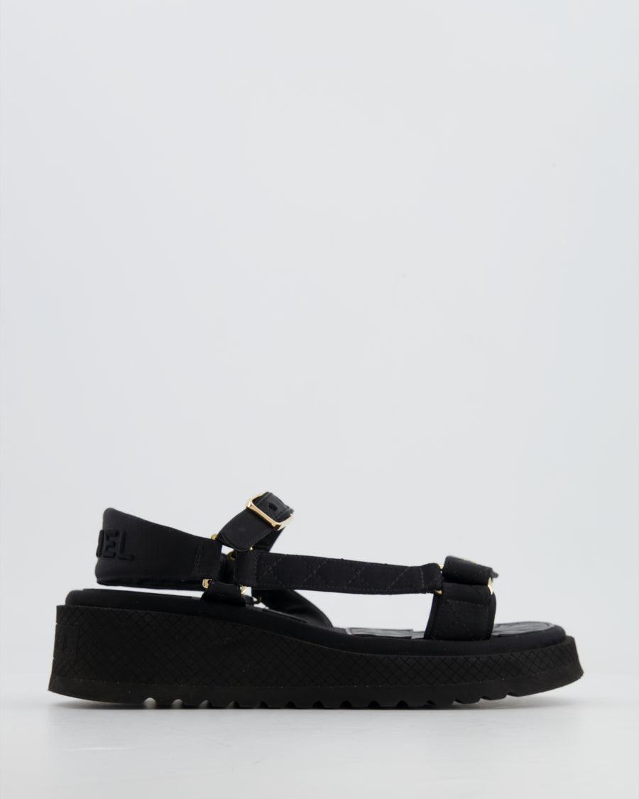 Chanel Black Canvas Dad Sandals with Champagne Gold CC Logo Details Size 37