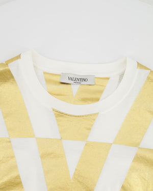 Valentino White and Metallic Gold V Printed T-Shirt Size IT 42 (UK 10)