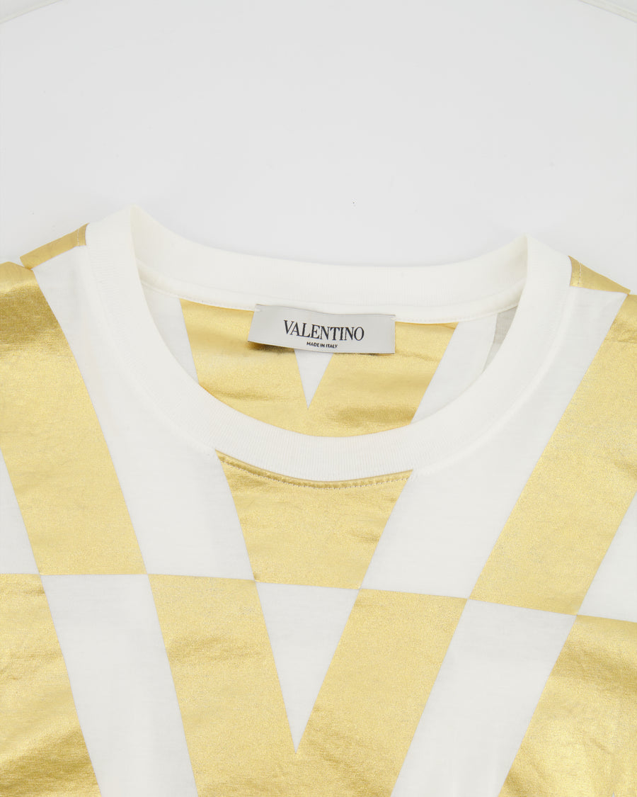 Valentino White and Metallic Gold V Printed T-Shirt Size IT 42 (UK 10)