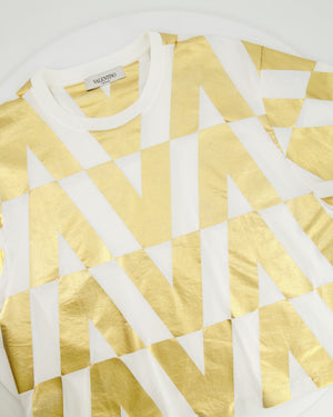Valentino White and Metallic Gold V Printed T-Shirt Size IT 42 (UK 10)