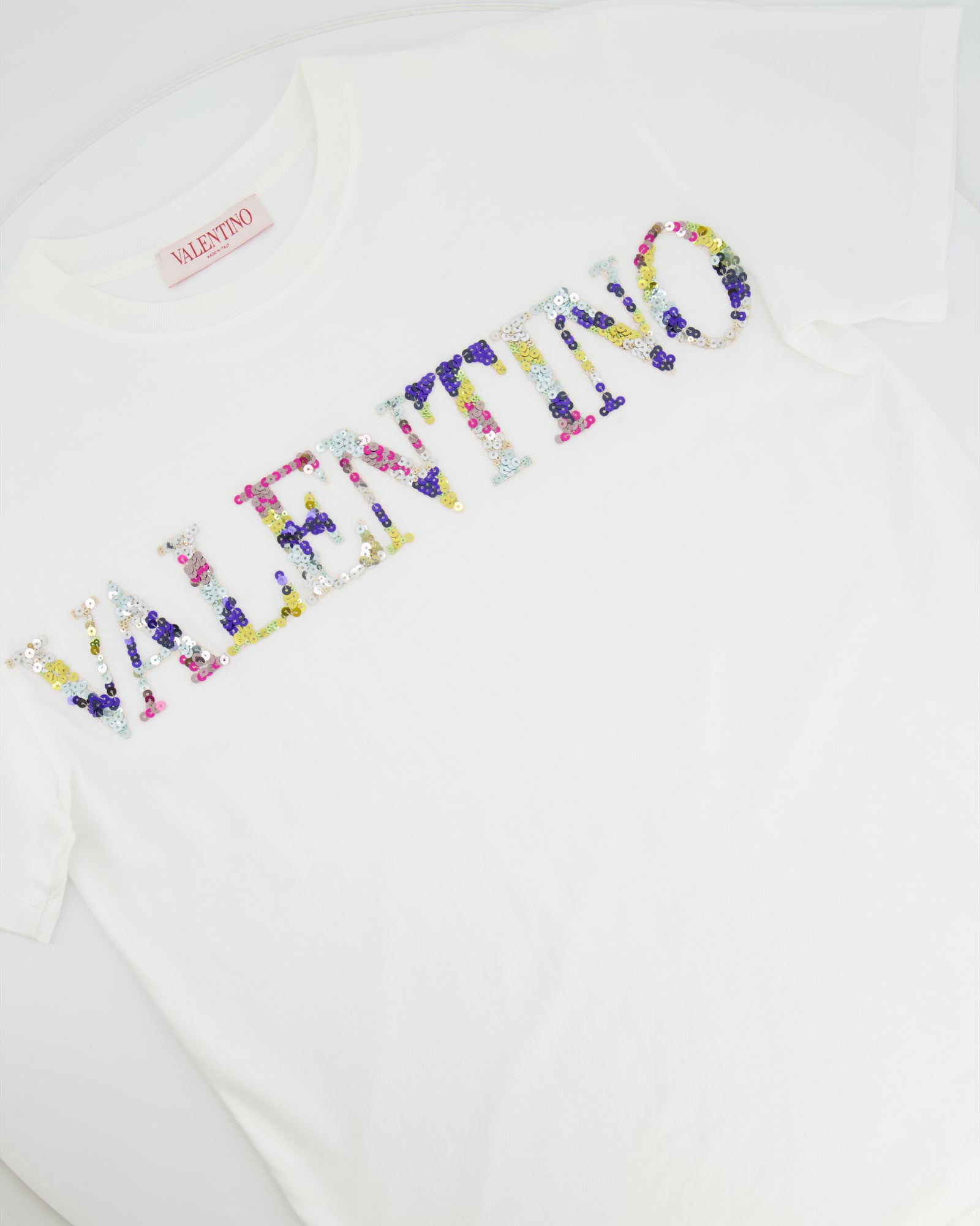 Valentino White T-Shirt with Multicolour Sequin Logo Size XS