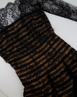 Oscar De La Renta Black and Nude Silk Lace Midi Dress With Bow Detail Size US 6 (UK 10)