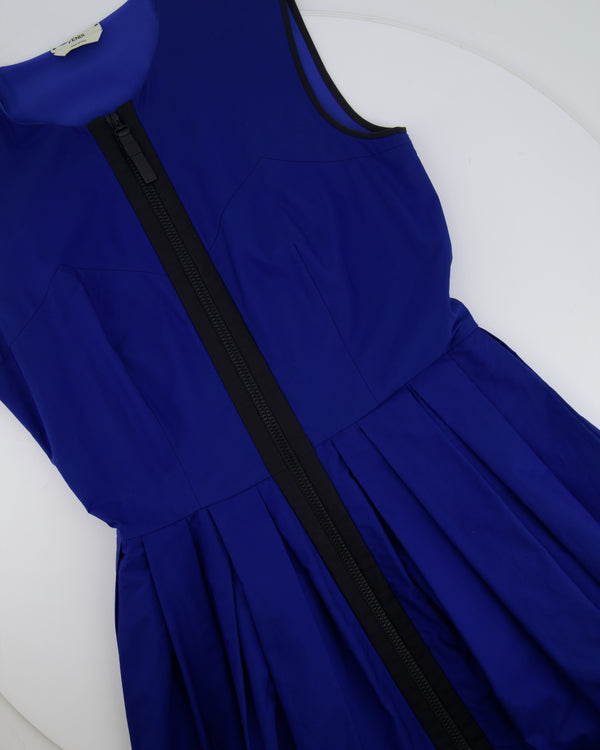 Fendi Electric Blue, Green and Black Zipped Maxi Pleated Dress with Mesh Detailing Size IT 42 (UK 10)